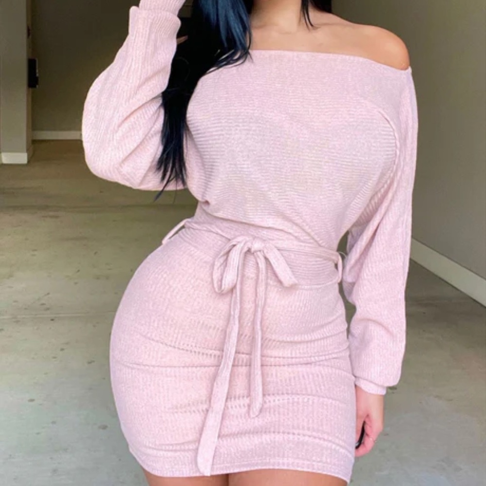 Fashion Nova Pink Ribbed Off-Shoulder Bodycon Dress